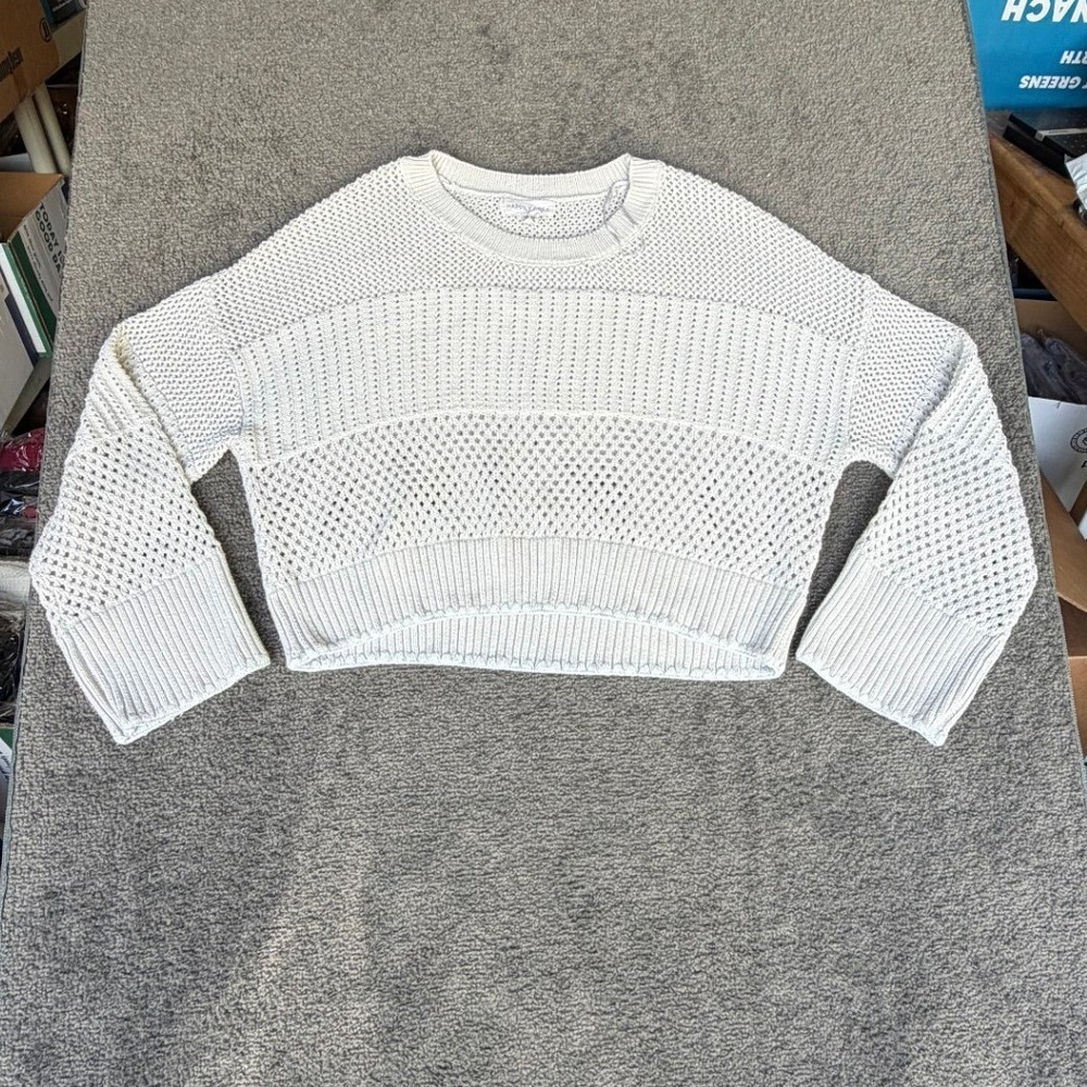Happily Grey Womens Medium Grey Mixed Open Knit Cropped Sweater Crew Neck Top